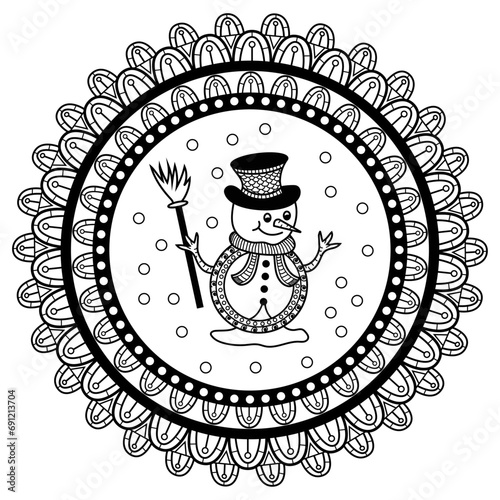 Vector illustration of a snowman with mandala frame for coloring adult book, illustrazione vettoriale di omino di neve con cornice mandala da colorare antistress