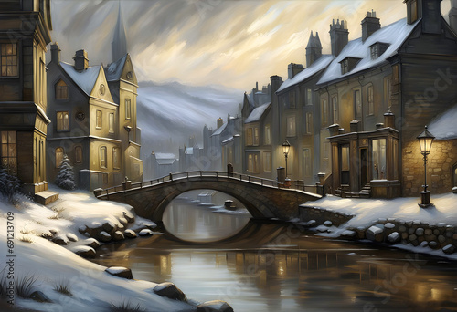 street view of an old fashioned english northern town in winter at twilight with old stone houses and shop in snow and a bridge crossing a river photo