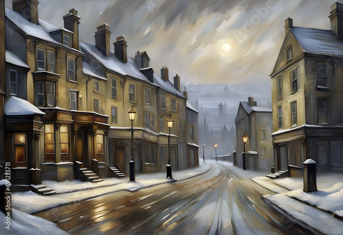 street view of an old fashioned english northern town in winter at twilight with old stone houses and shop buildings covered in snow photo