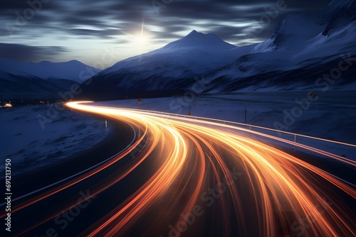 a highway road with cars moving fast with motion blur between snowy mountains