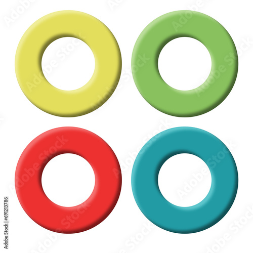 3d illustration. Set of 4 colored rings with shadows. Collection of round frames isolated on transparent background.