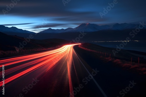 a highway road with cars moving fast with motion blur between snowy mountains