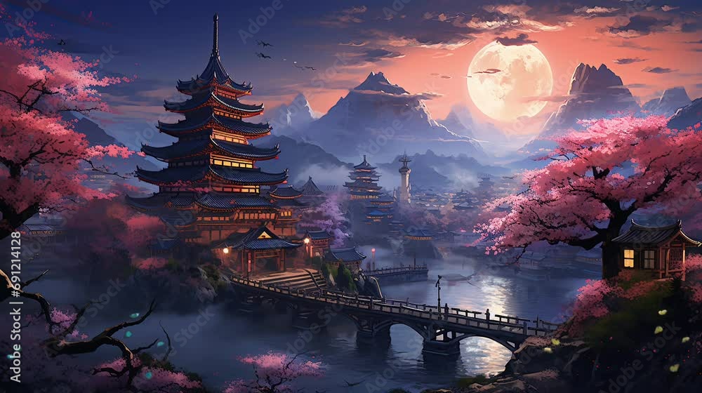 landscape with castle and moon. seamless looping time-lapse virtual video Animation Background.