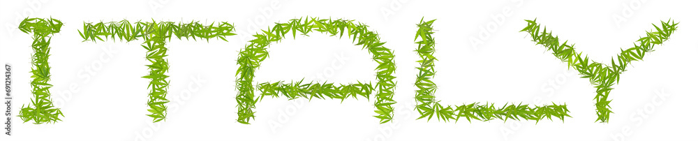 Italy word laid out from marijuana leaves. Legalize concept. Cannabis letters isolated on transparent background. Design for decoration in the style of cannabis.
