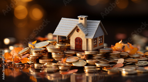 house model atop a pile of coins, representing the idea of saving for a home loan or mortgage Focus on the symbolic relationship between the house photo