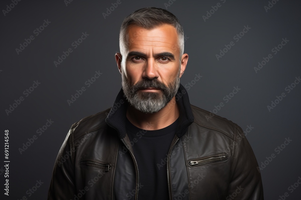 Portrait of a handsome bearded man in leather jacket over dark background.