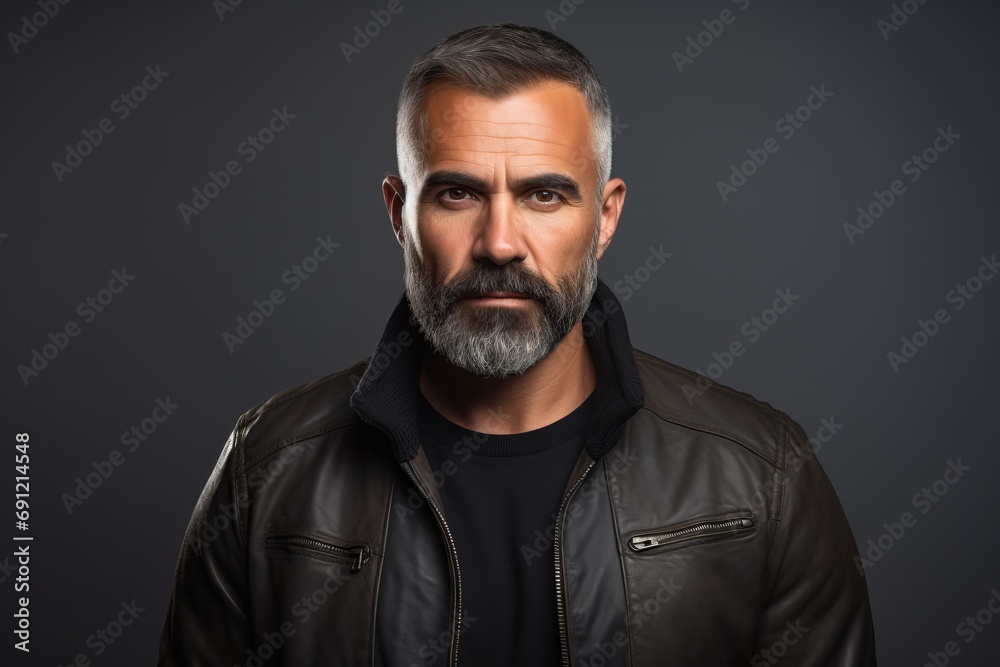 Portrait of a handsome bearded man in leather jacket over dark background. Portrait of a handsome bearded man in leather jacket over dark background.