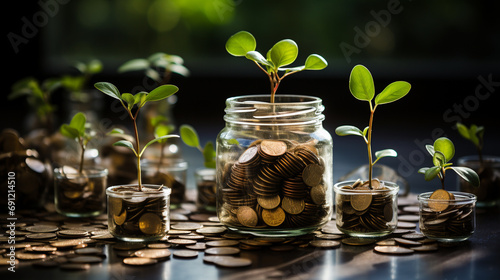 dynamic and eye catching photo of a plant sprouting from a coin-filled jar, situated in an office environment Capture the essence of prosperity and the successful accumulation of wealth photo