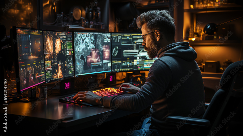 cybersecurity expert working on multiple screens with sophisticated encryption software, in a dark, high-tech office environment