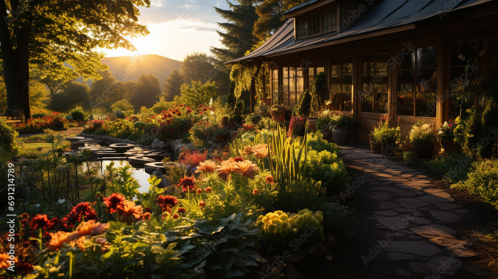 countryside garden at sunset, with wooden raised beds full of flourishing plants, near a cozy wooden house