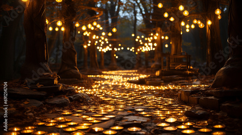 illuminated path in a forest, made of gold coins