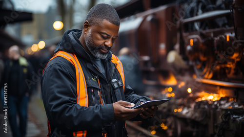professional engineer on a railway track inspecting the electrical systems with a digital tablet, showcasing modern industrial technology, shot with Sony photo