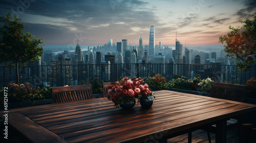 wooden table on a modern apartment balcony, with a vibrant city backdrop, offering a spacious area for advertising photo