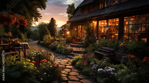countryside garden at sunset  with wooden raised beds full of flourishing plants  near a cozy wooden house