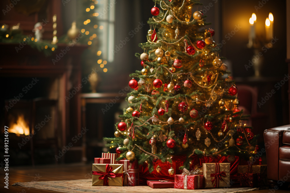 showcasing a Christmas tree lavishly decorated with festive ornaments. Generative AI