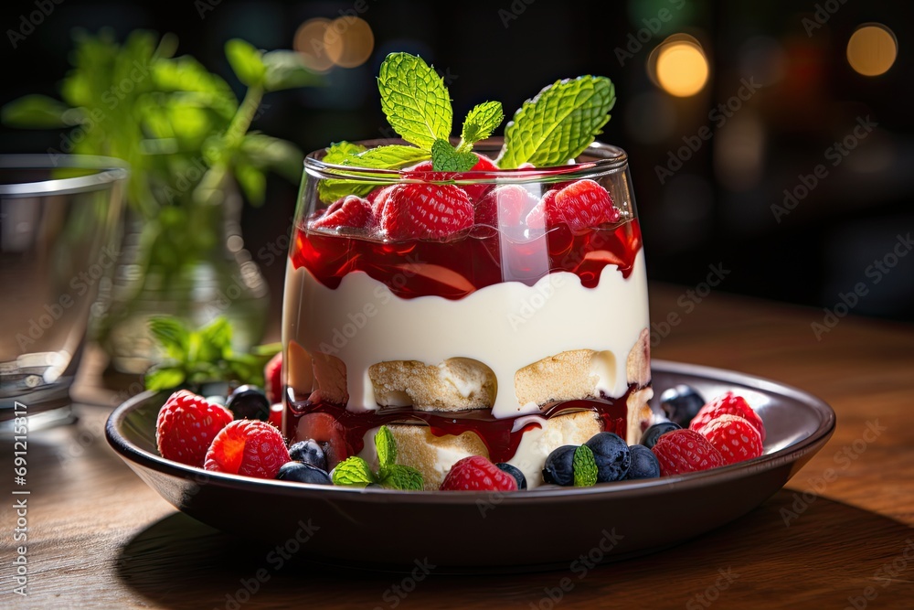 Panna cotta Italian homemade organic dessert of sweetened cream thickened with gelatin made with layer of strawberry sauce with topping of berries and mint leaf served in glass - obrazy, fototapety, plakaty 