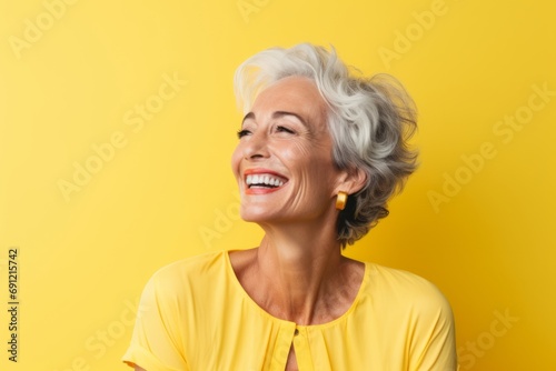 Portrait of a happy senior woman on a yellow background. Mature woman smiling.