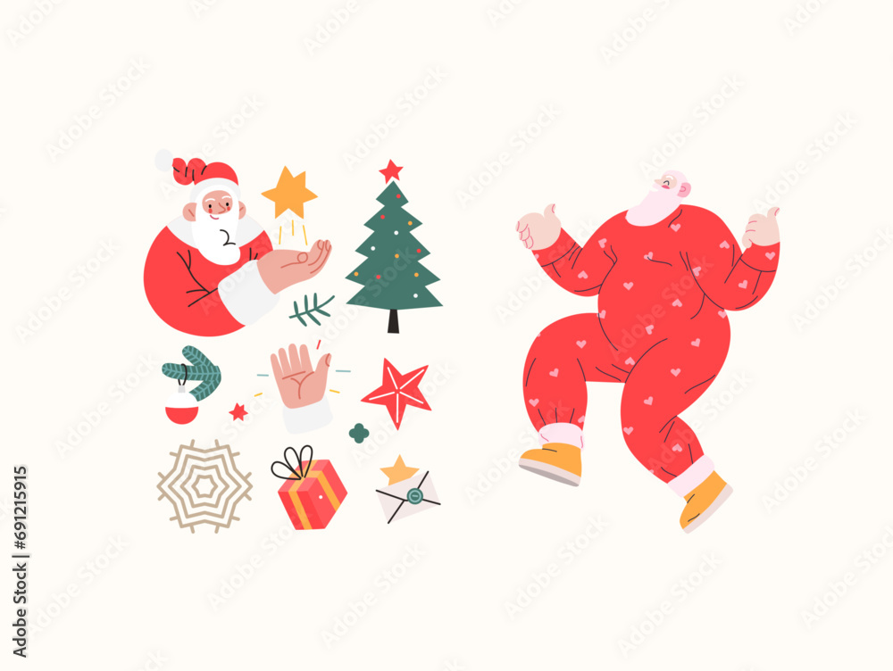 Christmas illustrations of Santa Claus - modern flat vector concept illustrations of the Christmas and New Year symbols Christmas illustrations of Santa Claus - modern flat vector concept illustrations of the Christmas and New Year symbols