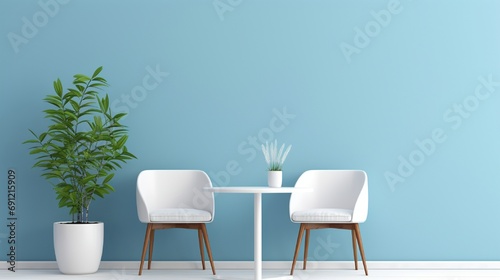 Two white chairs and table on flat solid color wall background alongside with plant photo