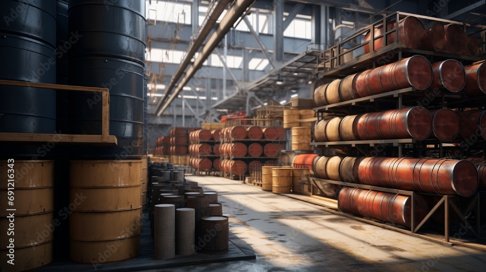 A cinematic shot of a interior of factory wit full of  oil drums - obrazy, fototapety, plakaty 