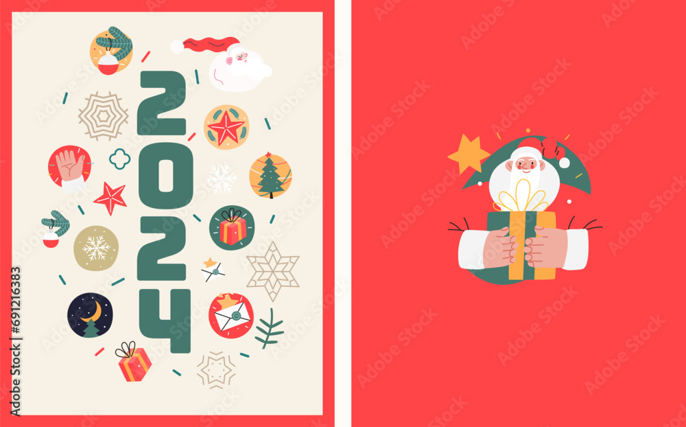 Christmas postcards with Santa Claus - modern flat vector concept illustrations of the Christmas and New Year symbols, vertical postcards set