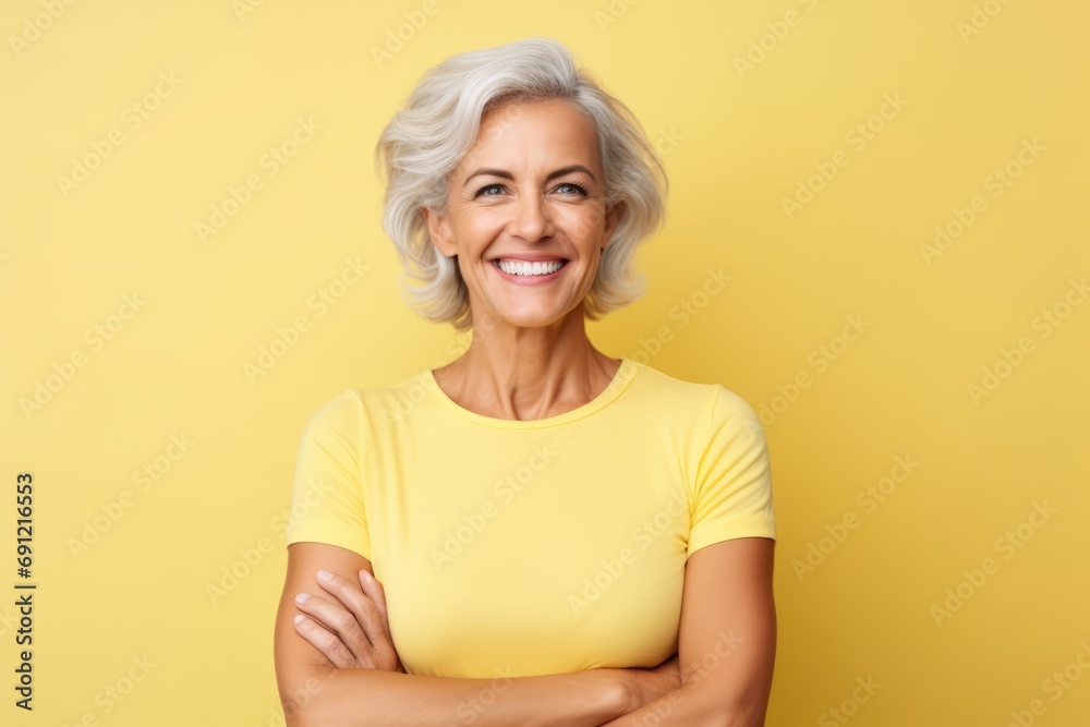 Portrait of smiling senior woman with crossed arms isolated on yellow background Portrait of smiling senior woman with crossed arms isolated on yellow background