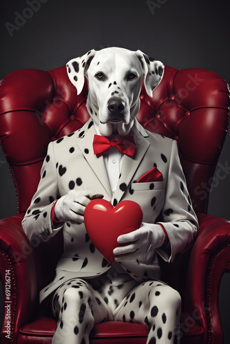 Minimal portrait of a dog dressed up as a man in elegant suit sitting in armchair. Love composition of dalmatian dog. © Creative Photo Focus