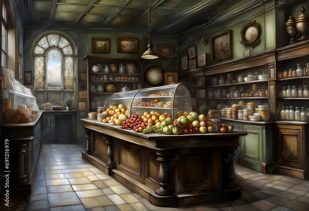 interior of an old-fashioned food shop with products displayed on counters and shelves illuminated by large windows - obrazy, fototapety, plakaty 