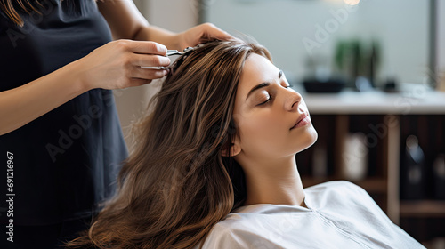 Woman having hair treatment in hair salon, Generative AI