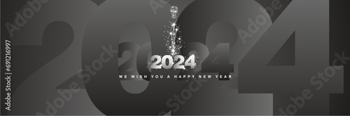We wish you a Happy New Year 2024 sparkler firework shining silver white black background greeting card