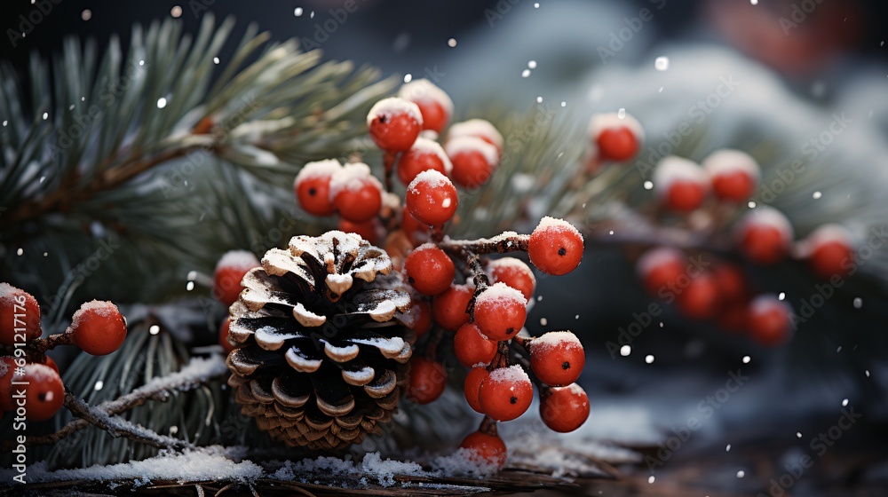 Winter background with snow covered pine cones and viburnum berries. Winter background with snow covered pine cones and viburnum berries.