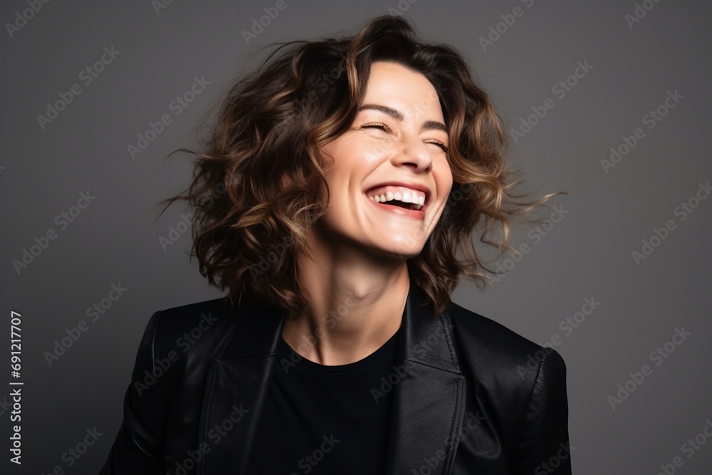Portrait of a laughing young woman in a black leather jacket.