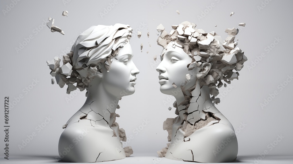 Two antique statue's heads are crumbling on white background. - obrazy, fototapety, plakaty 