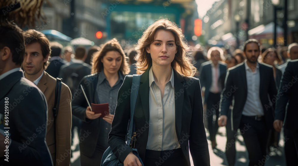 Executive woman, young businesswoman and business woman walking on busy city center street.