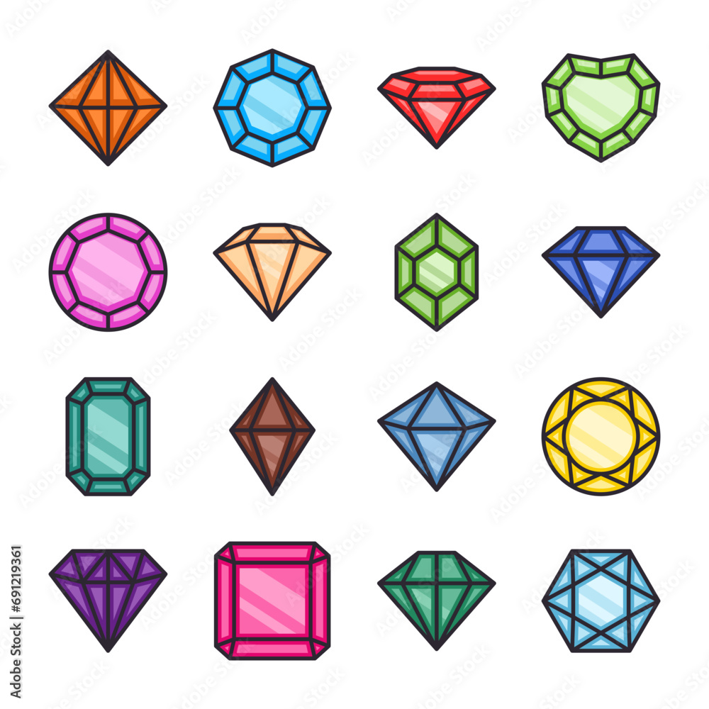 Vector Flat Simple Minimalistic Gemstone Icons Set. Diamond, Crystal, Rhinestones Closeup Isolated. Jewerly Concept. Design Template of Gemstones, Gem Clipart. Top, Front View Vector Flat Simple Minimalistic Gemstone Icons Set. Diamond, Crystal, Rhinestones Closeup Isolated. Jewerly Concept. Design Template of Gemstones, Gem Clipart. Top, Front View
