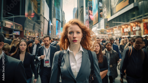 Executive woman, young businesswoman and business woman walking on busy city center street.