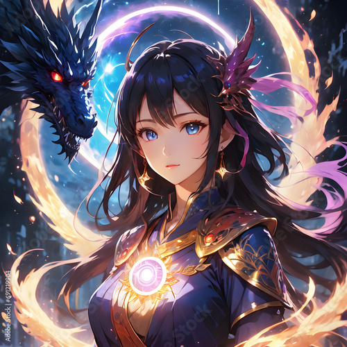 Mysterious anime sorceress in a robe with a sun pendant protected by the dragon Bahamut photo