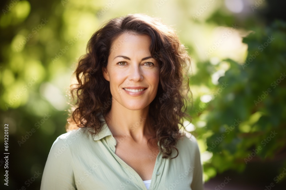 Portrait of a beautiful woman smiling at the camera in the park