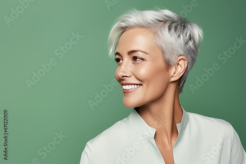 Beautiful smiling middle aged woman with grey hair. Portrait of a beautiful middle-aged woman on a green background.