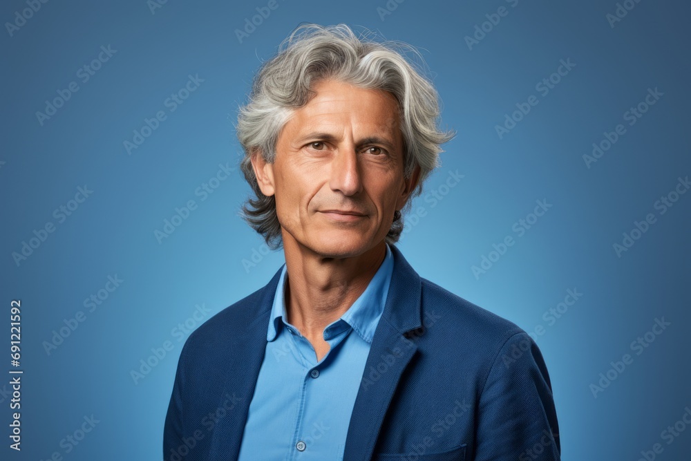 Portrait of senior man with grey hair and blue shirt on blue background Portrait of senior man with grey hair and blue shirt on blue background