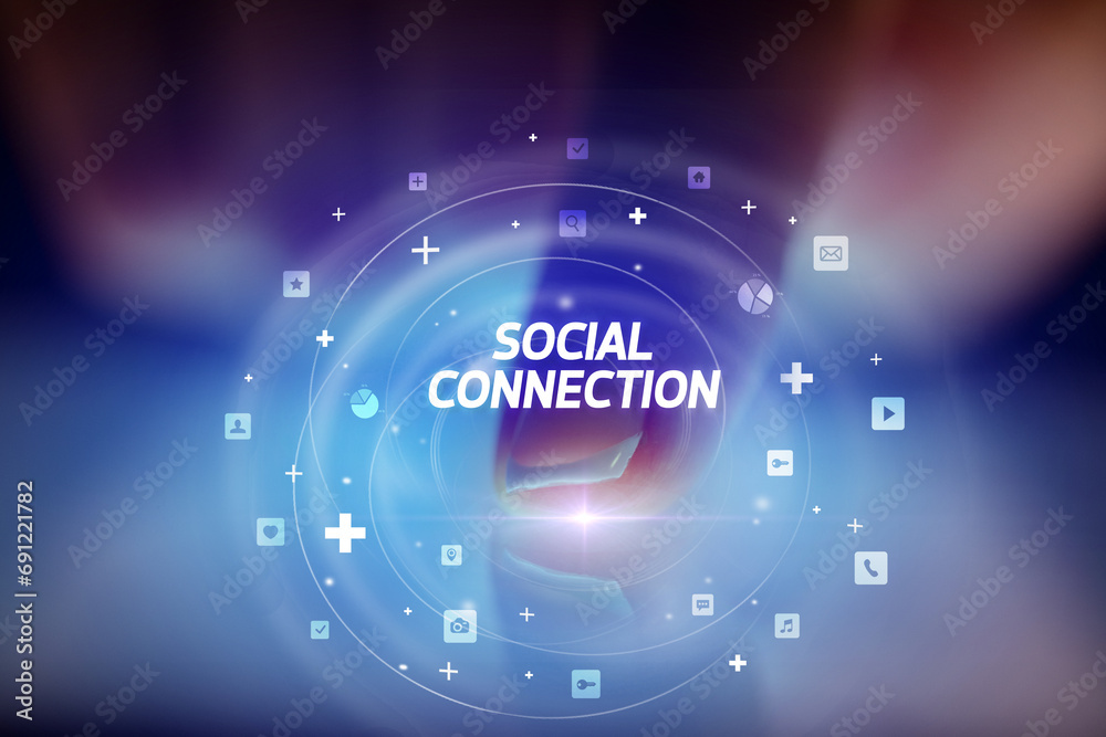 Finger touching tablet with social media icons concept Finger touching tablet with social media icons concept