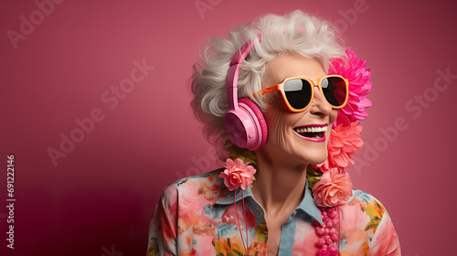 Crazy cool granny, elderly woman with headphones, sunglasses and gray hair, expressive mature and happy smiling grandmother in colorful close-up portrait | Generative AI
