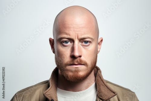 Portrait of a bald man with a serious expression on his face photo