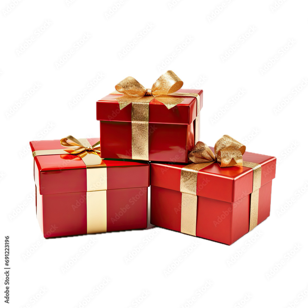 Fototapeta premium Red packages with a gold ribbon and bow in a side view, PNG, isolated and transparent Gift-giving-themed, photorealistic illustration. Generative ai