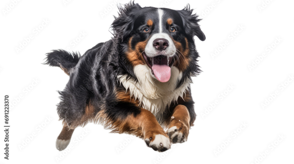 a Bernese Mountain dog running in a front view, full body, PNG, in a pet-themed, isolated, and transparent photorealistic illustration. Generative ai