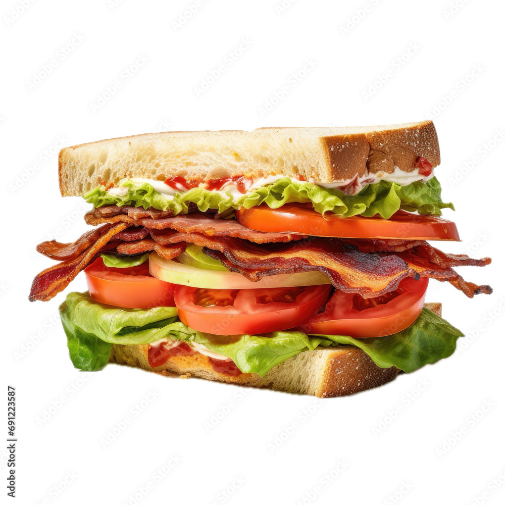 a BLT sandwich, bacon, lettuce and tomato, side view, in a PNG, Sandwich-themed, isolated, and transparent photorealistic illustration. Generative ai a BLT sandwich, bacon, lettuce and tomato, side view, in a PNG, Sandwich-themed, isolated, and transparent photorealistic illustration. Generative ai