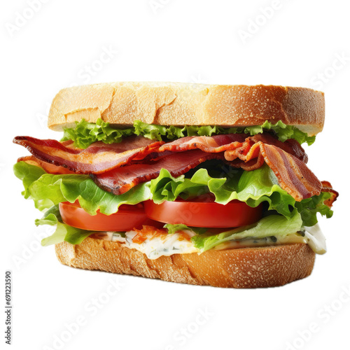 a BLT sandwich, bacon, lettuce and tomato, side view, in a PNG, Sandwich-themed, isolated, and transparent photorealistic illustration. Generative ai