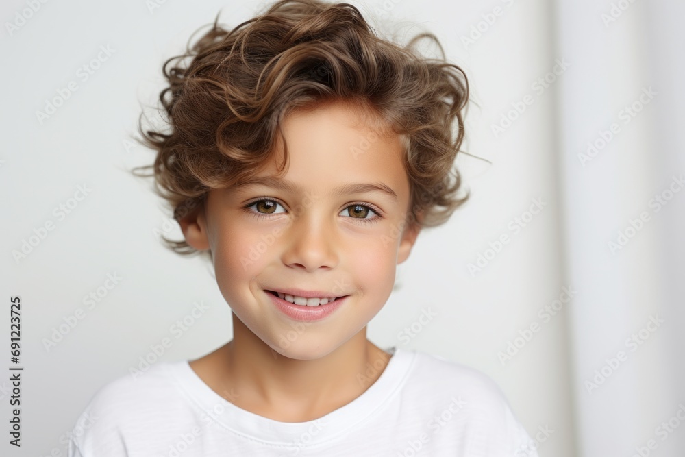 closeup portrait of smiling little boy with curly hair looking at camera closeup portrait of smiling little boy with curly hair looking at camera