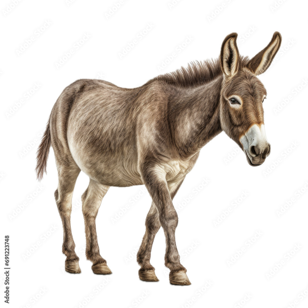 a Donkey/Burro trotting, full body in a 3/4 view in a PNG,  isolated and transparent, farm animal-themed, photorealistic illustration.  Generative ai