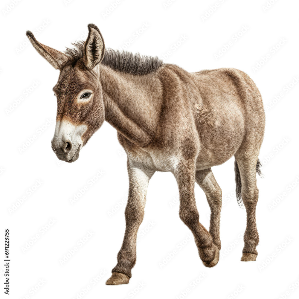 a Donkey/Burro in-motion, full body in a side view in a PNG,  isolated and transparent, farm animal-themed, photorealistic illustration.  Generative ai